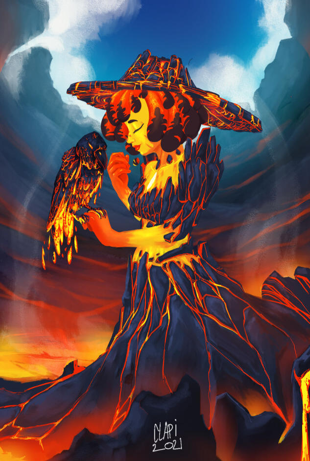 Illustration de mon OC La Sorcière de Lave et son loyal crambac.